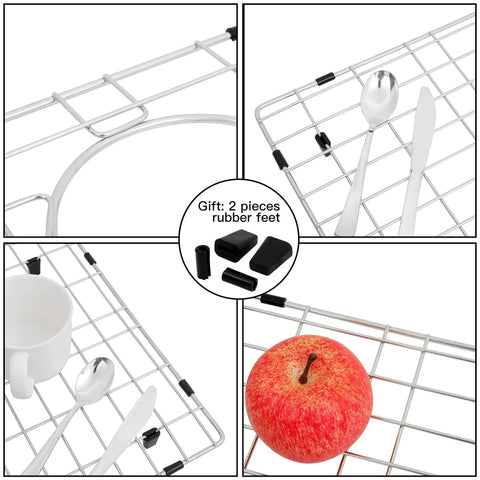 Close-up of Stainless Steel Kitchen Sink Grid And Protector For Single Bowl 27 3 Eighths By 15 3 Eighths Inches with utensils and apple