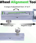 Universal Wheel Alignment Tool With Magnetic Camber Gauge, Adjustable From Minus Five To Plus Five Degrees, shown with angle indicators