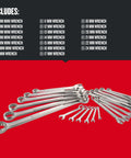 Beefy 20 Piece Metric Combination Wrench Set With 12 Point Box End And 15 Degree Offset, displayed on red surface with size range.