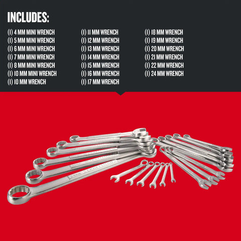 Beefy 20 Piece Metric Combination Wrench Set With 12 Point Box End And 15 Degree Offset, displayed on red surface with size range.