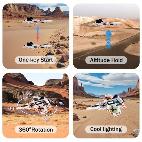 No Assembly RC Fighter Plane For Kids With Auto Hover, 360 Degree Flips, Gravity Sensing Stunt Roll in desert landscape