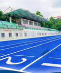 Blue athletics track with lanes marked, adjacent to grandstand, trees, and buildings.