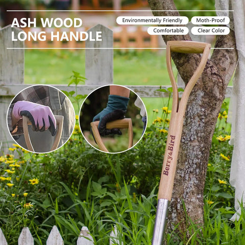 Heavy Duty 43 Inch Round Shovel With Wooden D Handle And Stainless Steel Blade in garden setting