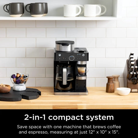 Espresso And Coffee Maker Barista System With Built In Frother Three Espresso Brew Styles Nespresso Capsule Compatible 19 Bar Pressure For Rich Crema At Home Cafe Quality Espresso Cappuccino And Latte Maker Black on kitchen counter