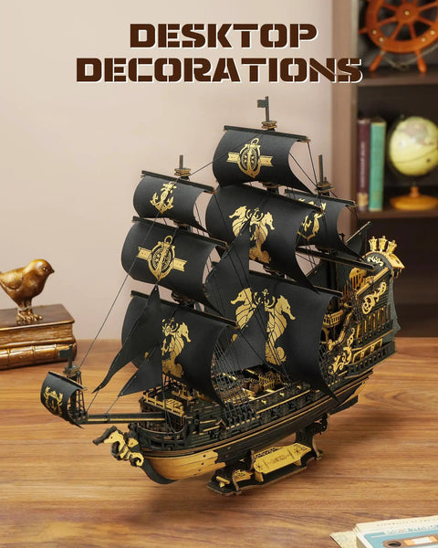 Seahorse Barque 3D Wooden Puzzle for Adults, Sailboat Model Kit With 603 Piece DIY Build on wooden desk