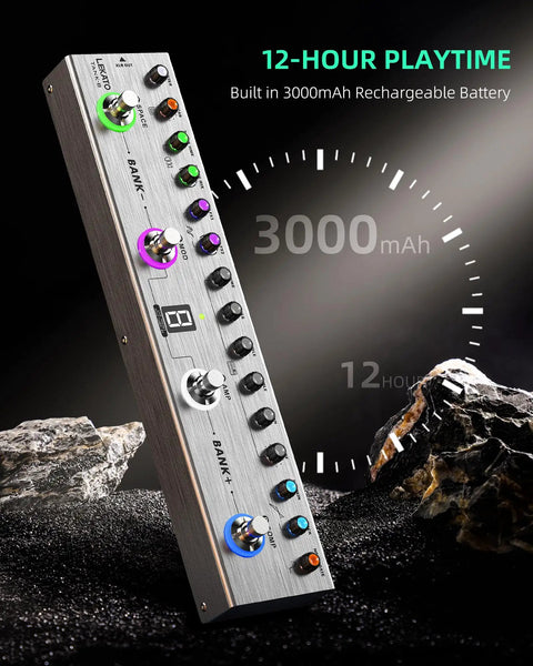 Bass Effects Pedal With 36 Presets And Editable 4 Modules, showing 12-hour playtime on rocky surface, 3000mAh battery.