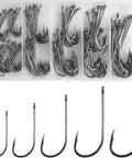 150 PCS J Hooks With Baitholder Long Shank Bait Holder Hook 2 Shank Offset High Carbon Steel in a compartment box