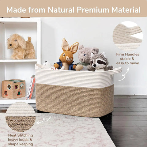 Oversized Woven Blanket Storage Basket, 21.6 Inch Long By 14.9 Inch Wide By 11.8 Inch High, 75L Capacity, White And Brown Cotton Rope Rectangle Toy Organizer For Living Room And Bedroom with toys inside, firm handles, and neat stitching on floor.