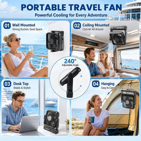 Portable travel fan in various uses including wall mounted, ceiling mounted, desk, and hanging. Ultra Slim Cruise Approved Magnetic Fan With 5000Mah Battery 4 Speed Rechargeable Ceiling Fan Featuring Bright Led Display And Secure Hook For Ships Camping And Keeping Your Space Hella Cool.