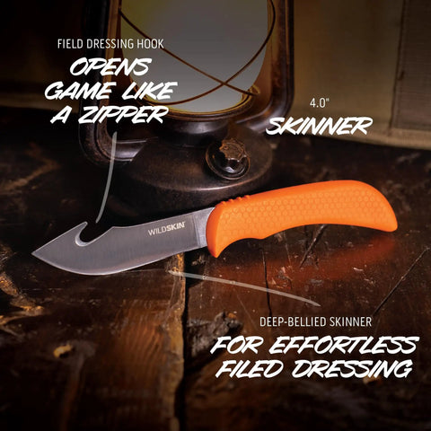 WildLite Field To Freezer 6 Piece Hunting Knife Set with gut hook caping knife and orange handle on wooden surface