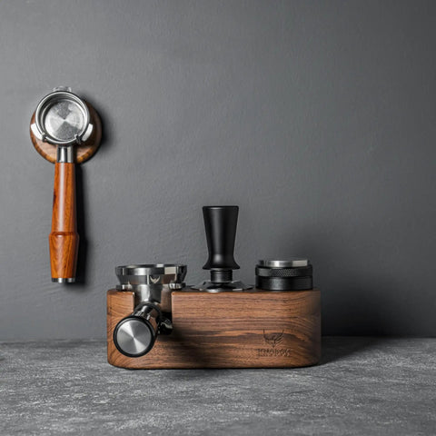 58mm Espresso Tamper Station With Rosewood Finish All In One Coffee Bar Organizer with portafilter and wooden tamping box on display