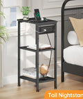 Tall Nightstand With Charging Station And Outlets, 3 Tier Narrow End Table, USB Ports in Bedroom, Black Finish, Space Saver