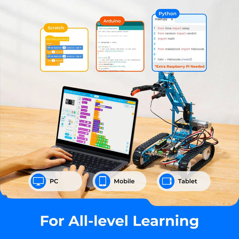 Makeblock mBot Ultimate robot kit with blue chassis connected to laptop; shows Scratch/Arduino/Python blocks.