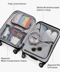 Traveler's Choice Pagosa 22-inch black hardshell carry-on luggage, open view with spinner wheels and organized interior.