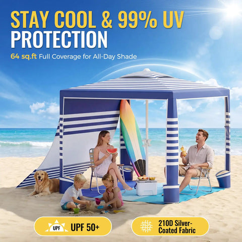 Family enjoying beach under 8 X 8 Ft Pop Up Beach Canopy Tent for 6 to 8 People with UPF 50 Plus Sun Protection and sidewall.