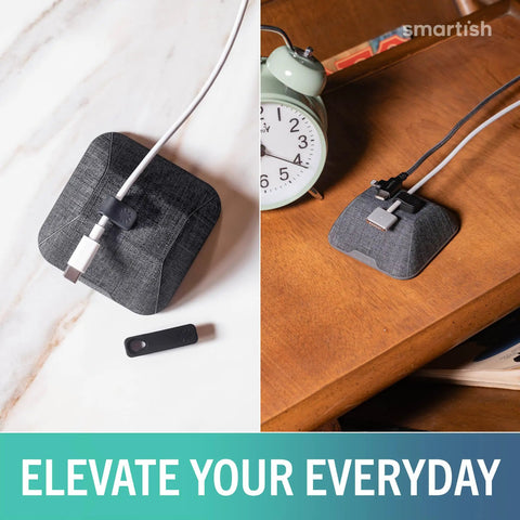 Magnetic Cable Holder And Charger Organizer For Desk And Nightstand Keeps USB C And Lightning Cables Slotted No Fuss Cord Wrangler With Three Clip Magnet System Pencil Gray Finish Desktop Cable Management on desk and nightstand