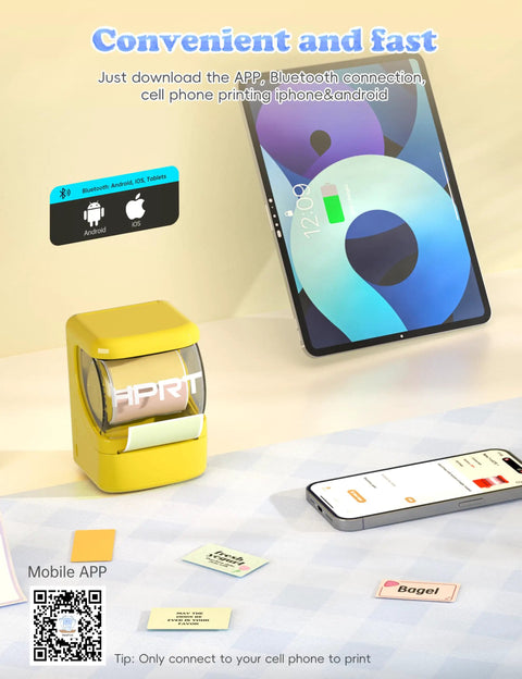 Hassle Free Bluetooth Label Maker With Straightforward Phone Sync And One Included Thermal Tape Roll Sweet For Quick Diy Crafting And Super Clean Home Tagging In Bright Yellow next to smartphone displaying label app.