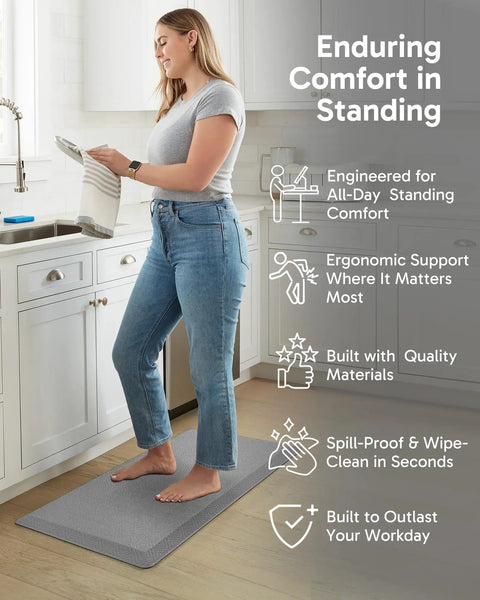 A woman standing on an Ultra Comfy Anti Fatigue Kitchen Mat 0.75 Inch Thick 20x39 Inches Cushioned Standing Pad Waterproof Non Slip Grey Floor Mat for Kitchen Sink Home and Office Use Ergonomic Comfort Underfoot in a kitchen.