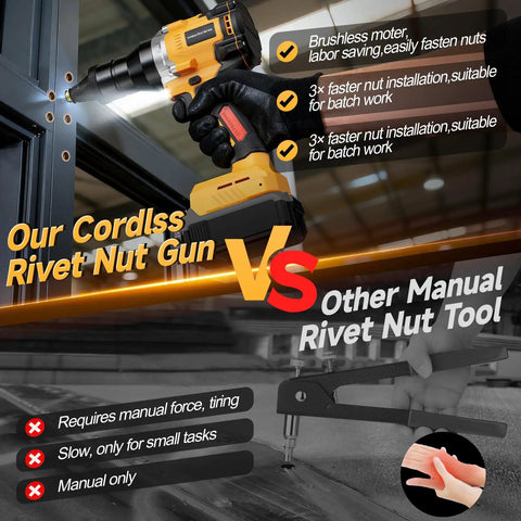 Cordless Rivet Nut Gun For 20V Battery Power, Pro Grade Brushless Motor, auto vs manual comparison with benefits.
