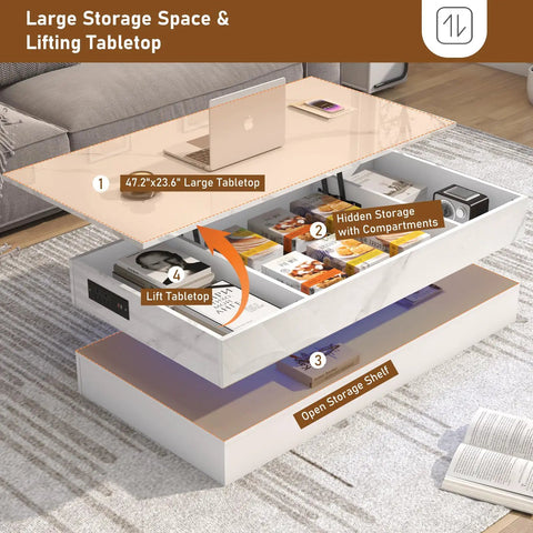 47.2 Inch Lift Top Coffee Table with LED Lights and Charging Station showing hidden storage and compartments, modern design.