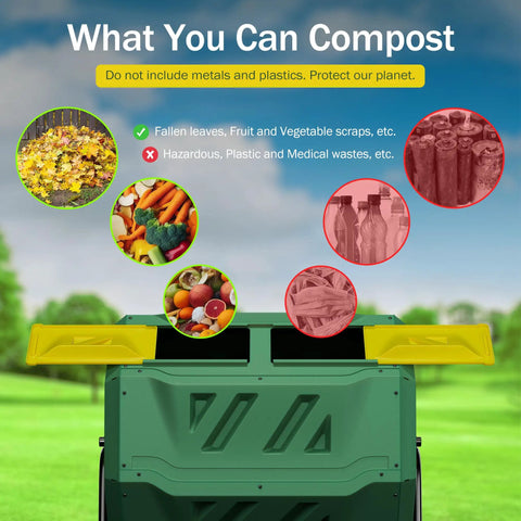 What You Can Compost, items on a 43 Gallon Dual Chamber Compost Tumbler For Easy Outdoor Garden Composting With Sliding Door Rotating Bin Tumbling Composter In Green Durable UV Protected Plastic Drum Built To Last In Any Weather, showing acceptable and non-acceptable items for composting, like leaves and vegetables vs. plastic bottles.