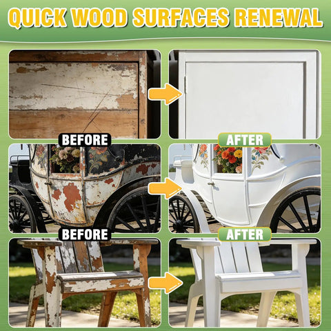 White Touch Up Paint For Wood And Household Fixes, 6.35 Oz Water Based Gel applied on cabinets and furniture, before and after images.