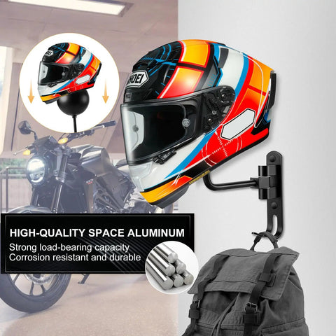 Two Pack Wall Mounted Helmet Holder With 180 Degree Rotating Rack And Dual Hooks for motorcycle gear storage