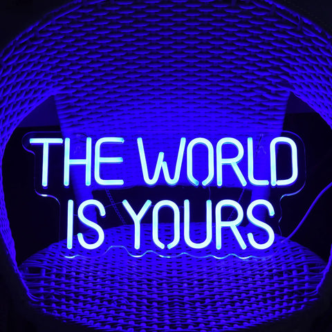 Neon blue 'The World Is Yours' sign, 17 by 8 inch LED dimmable wall sign with USB power and acrylic backboard, glowing brightly.