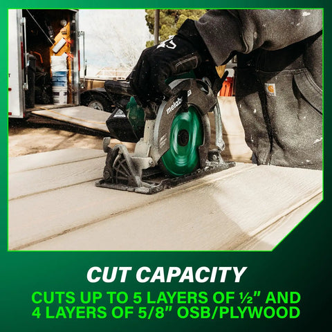 Person using 36V Cordless Circular Saw With Battery Pack Lightweight Rear Handle Design 7-1/4 Inch Blade Brushless Motor Electric Brake 53 Degree Bevel MultiVolt Compatible For Quick Smooth Cuts And All Day Power on wood panel outdoors