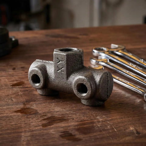 Built Tough Cast Iron Air Compressor Four Way Manifold Block With One Half Inch And One Quarter Inch Female Threads on table