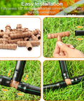 One Half Inch Drip Irrigation Fittings Kit With Thirty Seven Pieces For One Half Inch Tubing Garden Sprinkler Systems Includes Fourteen Couplings Eight Tees Five Elbows Six End Caps Two Cross Connectors And Two Drip Valves, shown in use with tubing in a garden setting.