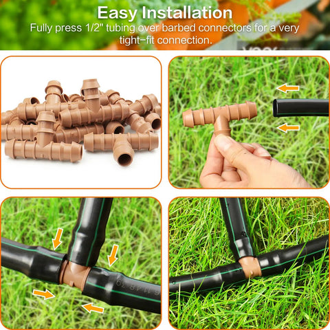 One Half Inch Drip Irrigation Fittings Kit With Thirty Seven Pieces For One Half Inch Tubing Garden Sprinkler Systems Includes Fourteen Couplings Eight Tees Five Elbows Six End Caps Two Cross Connectors And Two Drip Valves, shown in use with tubing in a garden setting.