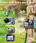 Solar Powered Hose Timer With Brass Swivel Programmable Sprinkler Timer Set It And Forget It For Garden And Lawn Rain Delay Manual And Auto Modes Drip Irrigation Ready Outdoor Yard Irrigation System in use on a stone wall with a garden background.