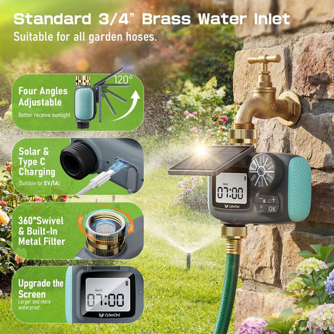 Solar Powered Hose Timer With Brass Swivel Programmable Sprinkler Timer Set It And Forget It For Garden And Lawn Rain Delay Manual And Auto Modes Drip Irrigation Ready Outdoor Yard Irrigation System in use on a stone wall with a garden background.