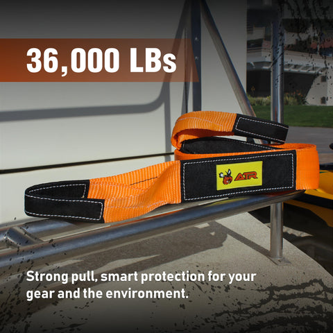 Heavy Duty Tree Saver Strap Three Point Five Inch By 8 Foot With 36000 Lbs Break Strength Beefed Up Polyester Webbing Tow Strap For Winch And Off Road Recovery Looped Ends For Truck And Jeep on metal bar