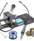 Pro Grade 75W Soldering Iron Station With LED Display, Two Helping Hands, Solder Roll, Brass Sponge With Flux shown on black mat.