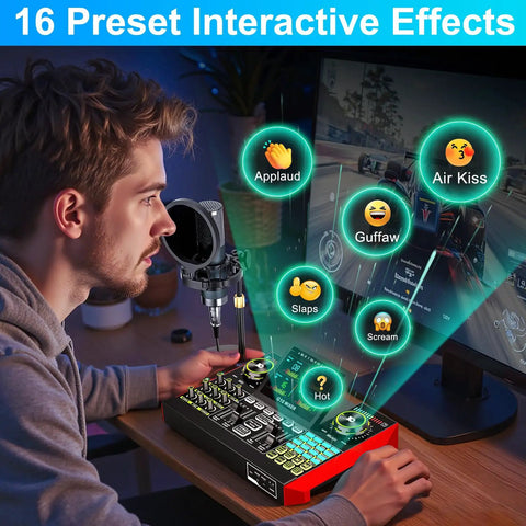 Person using All In One Podcast Studio Bundle With Live Sound Mixer And 3.5mm Condenser Microphone P15 for streaming and gaming
