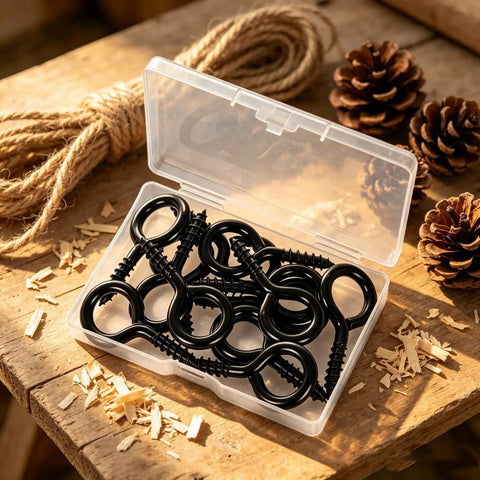10 Pack Tough As Nails M6 Eye Screws 2.2 Inch Black Heavy Duty Carbon Steel Self Tapping Screw Eye Hooks in case on wood surface.