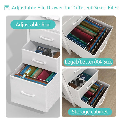 White 47 Inch Computer Desk With Fabric Filing Cabinet And Reversible Layout storage drawers and adjustable file holders.