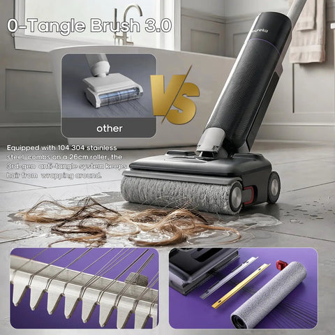 No Hassle Wet Dry Vacuum Cleaner Featuring Self Wash And Hot Air Dry Mode 24Kpa Serious Suction with 0-Tangle Brush 3.0 on wet floor