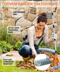 Woman using Thatch Rake Pro 19 Curved Steel Tines 15 Inch Lawn Dethatching Rake with Ergonomic Handle in garden cleanup