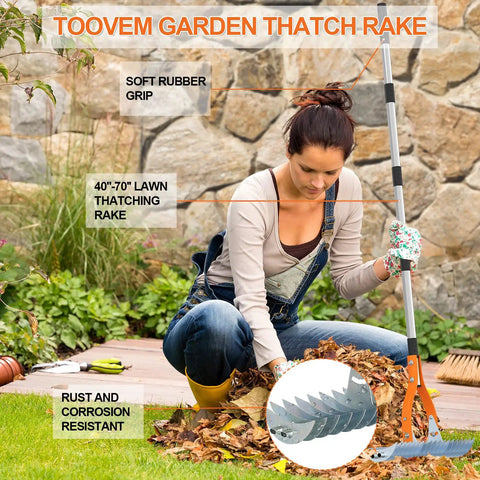 Woman using Thatch Rake Pro 19 Curved Steel Tines 15 Inch Lawn Dethatching Rake with Ergonomic Handle in garden cleanup