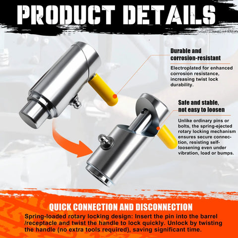 Hella Secure And Built Like A Tank Two Pack Five Eighths Inch Spring Loaded Plunger Pin With Twist Lock Cam Mechanism, corrosion-resistant, with yellow handle.