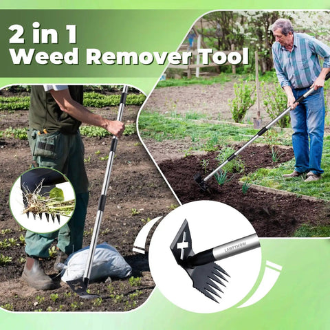 Man using 60 Inch Long Handle Weed Puller Tool With Adjustable Lengths From 17 To 60 Inches Heavy Duty 2-In-1 Manual Weed Rake And Garden Hoe