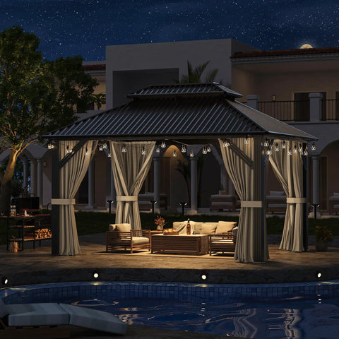 Hardtop Outdoor Gazebo With Aluminum Frame And Double Galvanized Steel Roof For Patio Backyard Or Deck Curtain Netting Included Dark Grey 10x12 Pergola Built To Weather The Elements at night with lights