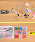 Before and after image showing desk organized with Clear Bead And Small Parts Storage Organizer Case With 30 Mini Compartments