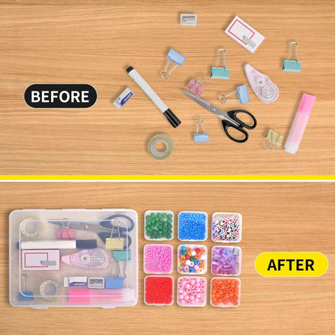 Before and after image showing desk organized with Clear Bead And Small Parts Storage Organizer Case With 30 Mini Compartments