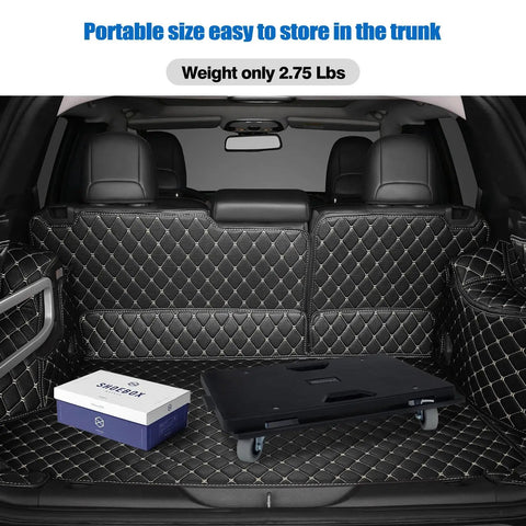 2 Pack Upgraded Connectable Furniture Dollies With Four Wheels Flat Dolly Cart in car trunk, portable size, black, 500 lbs capacity