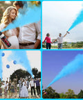 4 images of 2 Pack Gender Reveal Fire Extinguisher Party Props with blue confetti for baby showers, showcasing various celebrations.
