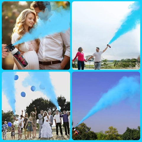 4 images of 2 Pack Gender Reveal Fire Extinguisher Party Props with blue confetti for baby showers, showcasing various celebrations.